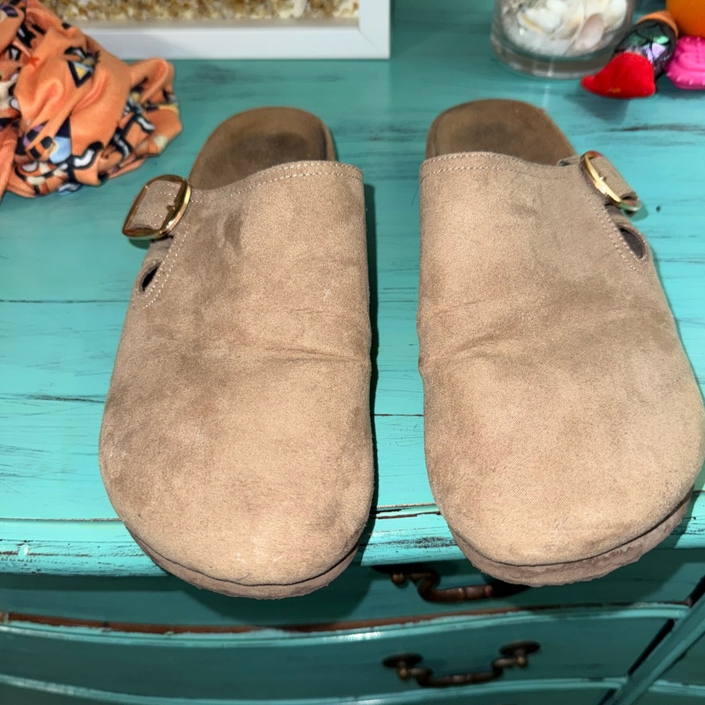 Tan Suede Slip-On Clogs with Gold Buckle
